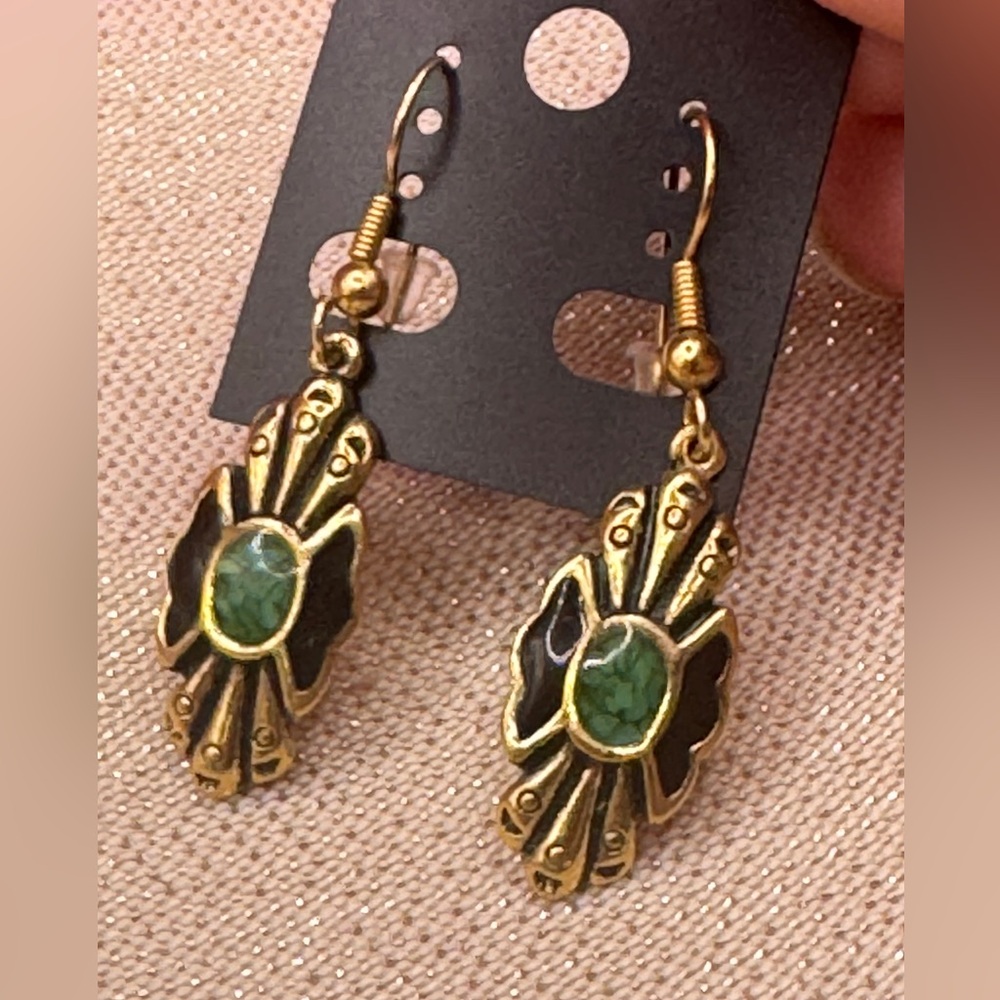 Brass colored Aztec inspired fashion dangle earrings w/ green enamel